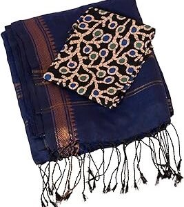 Khadi Cotton Saree for Women with Zari Gold Temple Border & Contrast Blouse Piece | Handwoven Traditional Elegant Saree