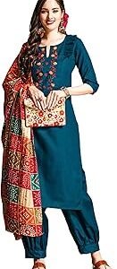 Women's Embroidered Mirror Work Cotton Straight Salwar Kurta Dupatta Set