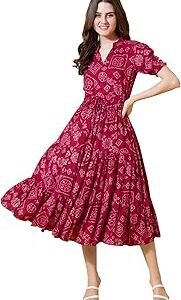 Dress for Women Printed Midi Dress with V-Neck, Puffed Sleeves