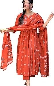 Women's Viscose Anarkali Kurta Set with Dupatta - Embroidered Orange Ethnic