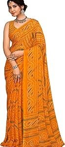 Fashion Women's Chiffon Fancy Bandhej Printed Saree With Blouse Piece, Saree for Women, Sarees for Wedding (26502, Unstitched Blouse Piece)