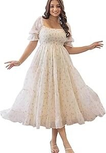 | Dress for Women | Midi Length | Flared Hem | Puff Sleeve | Square Neck | Smocked Bodice