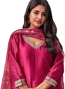 Women's Rayon Viscose Straight Embroidered Kurta with Pant & Dupatta (BAGICHA RANI-VKS03_XL_Pink_X-Large)