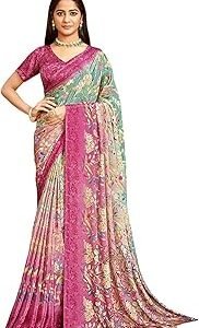 Women's Silk Crepe Floral Printed Saree with Unstitched Blouse Piece
