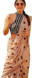 Women's Polka Dot Printed Linen Cotton Saree With Unstitched Blouse Piece (Laddu_Free Size)