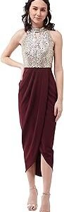 Women's Wine Halter Neck Sleeveless Solid Embellished Midi Dress