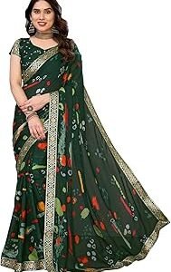 Women's Printed Georgette Saree With Lace Border and Unstitched Blouse Material