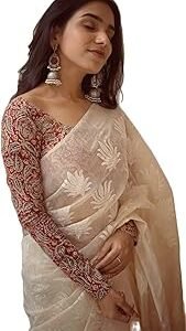 Women's Cream Off White Chanderi Cotton Embroidered Saree With Maroon Kalamkari Printed Blouse Piece Material (Monika 5)