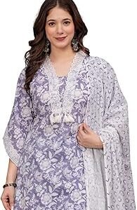 Women's Pure Cotton Printed Straight Kurta Set with Palazzo Pants & Dupatta- Ethnic Wear, Purple