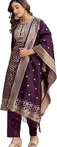 Women's Silk Blend Weaving, Embroidery and Sequins Work A-Line Kurta with Pant & Dupatta