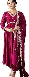 Women's Vichitra Silk Embroidered Flared Kurta with Pant and Dupatta Sets (S-Sameera)