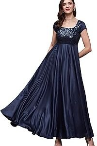 Women's Navy Blue Square Neck Short Sleeve Embellished Polyester Fit & Flare Maxi Dress