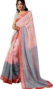Women's Linen Printed & Zari Border Ready To Wear One Minute Pre Stitched With Pocket Saree with Unstitched Blouse Piece