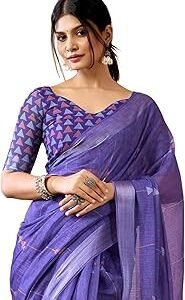 Women's Printed Cotton Linen One Minute Ready to Wear Saree with Unstitched Blouse Piece