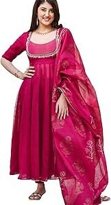 Women's Rayon Viscose Embroidered Anarkali Kurta with Pant & Dupatta