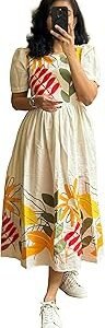 Floral Print Midi Dress, Round Neck, Puff Sleeves, Beige with Yellow and Red, Fit and Flare (Dress 188)