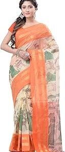 Women's Shakuntala Design Printed Tant Handloom Pure Cotton Saree Without Blouse Piece