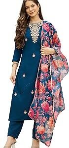 Women's Rayon Embroidered and Printed Straight Kurta with Pant and Dupatta Sets (NX4-513)