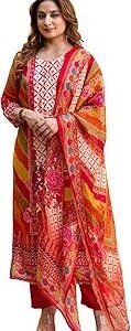 Women's Rayon Viscose Straight Printed Kurta with Pant & Dupatta