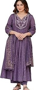 Womenâ€™s 100% Pure Cotton Anarkali Kurta Set with Pant & Dupatta | Embroidered Flared Kurta | Elegant Ethnic Suit for Festive