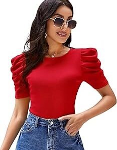 Casual Solid Puff Short Sleeves Round Neck Top for Women |) Latest Stylish Western Tops for Women || Summer Women Top