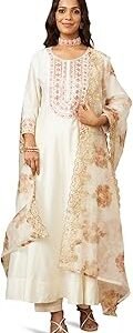 Women's Embroidered Anarkali Kurta Pant Set with Organza Dupatta | Viscose,Rayon | A-line fit