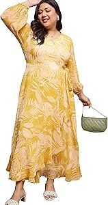 Women's V Neck Flared Sleeve Floral Wrap Maxi Dress