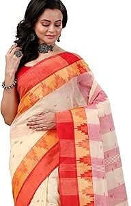 Women's Traditional Pure Cotton Aam Kalka Tant Saree Without Blouse Piece