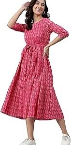 Women's Fit and Flare Calf Length Pure Cotton Woven Design Flared Western Dress