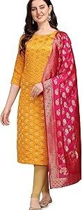 Women's Cotton Silk Blend Straight Kurta With Dupatta with Banarasi Silk Dupatta