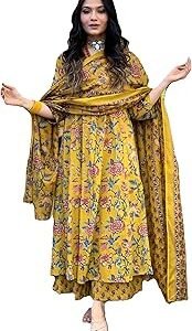 Women's Pure Cotton Block Printed Kurta Set with Palazzo Pants & Dupatta - Ethnic Wear, Yellow