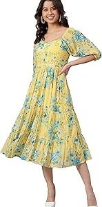 Women's Fit and Flare Knee Length Georgette Floral Printed Flared Western Dress