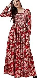 Crepe Women's Mix Floral Printed Grown with Regular Sleeves Full Lenth and Square Neck | Beach Tipe Dress