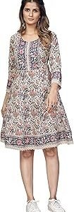 Women's Floral Print Flared Cotton Beige Stitched Dress