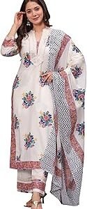 Women's Pure Cotton Printed Straight Kurta Set with Palazzo Pants & Dupatta- Ethnic Wear, White