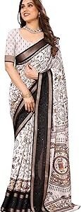 Women's Printed Dola Silk Sequence Boarder Warli Art Saree With Unstitched Blouse Piece (Warli Sequence)