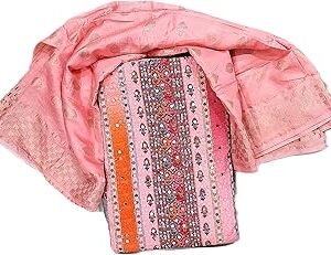 Cotton Unstitched Suit Set, Dress Material, White Chocolate with Floral Embroidered Neckline, Traditional Ethnic Design