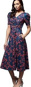 Women's Multicolored-Base-Blue V-Neck Pleated Puff Sleeve Floral Wrap Midi Polyester Dress