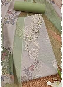 Womens Organza Foil Print Unstitch Dress Material With Sequins