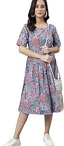 Women's Fit and Flare Cotton Floral Print Flared Below The Knee Western Dress