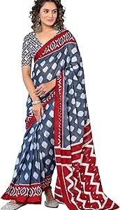 Women's Mulmul Cotton Handblock Printed Saree With Unstitched Blouse Piece