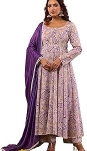 Women's Pure Cotton Printed Anarkali Kurta Set with Palazzo Pants & Dupatta- Ethnic Wear