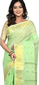 Women's Kerala Cotton Floral Motif Printed Zari Bordered Tant Saree Without Blouse Piece