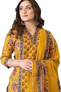 Women's Pure Cotton Block Printed Ethnic Wear Kurta Set with Palazzo Pants & Dupatta, Mustard Yellow