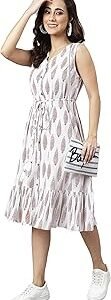 Women's Fit and Flare Midi Cotton Ethnic Motifs Flared Western Dress