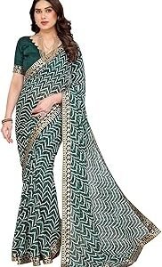 Women's Printed Georgette Printed Saree With Lace Border and Blouse Material