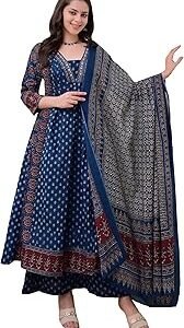 Women's Pure Cotton Anarkali Kurta Set for Women with Dupatta & Plazzo â€“ Hand Block Print Suit Set | Stylish Dress | Cotton Kurta Set for Women