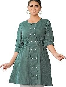 Women's Cotton Straight Fit Straight Kantha Striped Printed 3/4 Sleeve Round Neck Short Kurta Tops