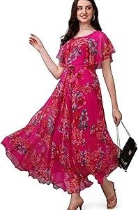 Women's Georgette Floral Digital Print Short Sleeve Full-Length Fit & Flare Long Gown Dress for Girls (ET-CYWN-E1LE)