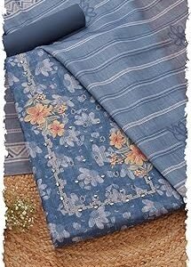 Womens Indigo Linen Floral Unstitch Dress Material With Mirror Work